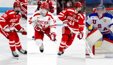 Boston University men's hockey players celebrate after scoring final goal at Matthews Arena