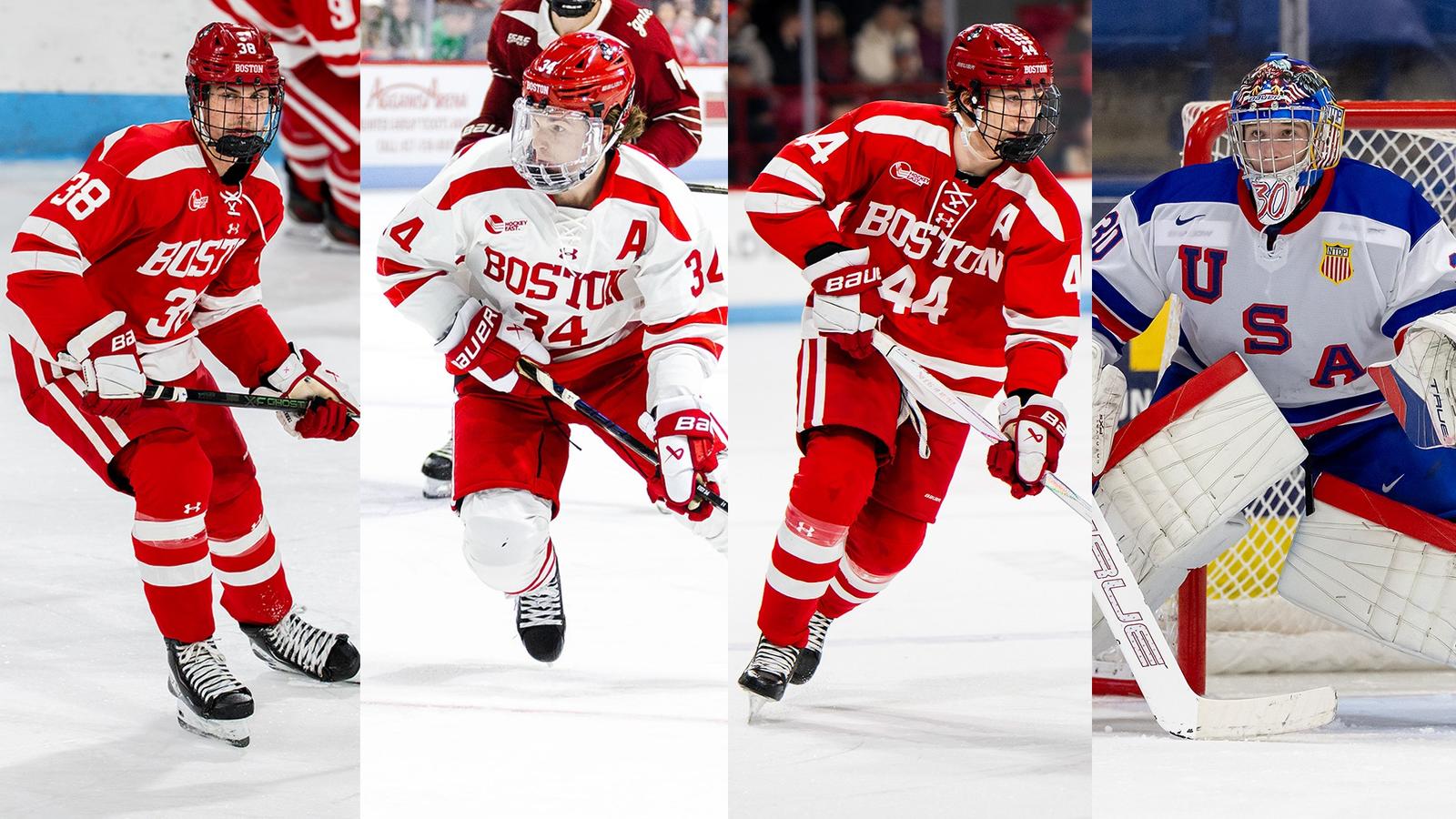 Boston University men's hockey players celebrate after scoring final goal at Matthews Arena