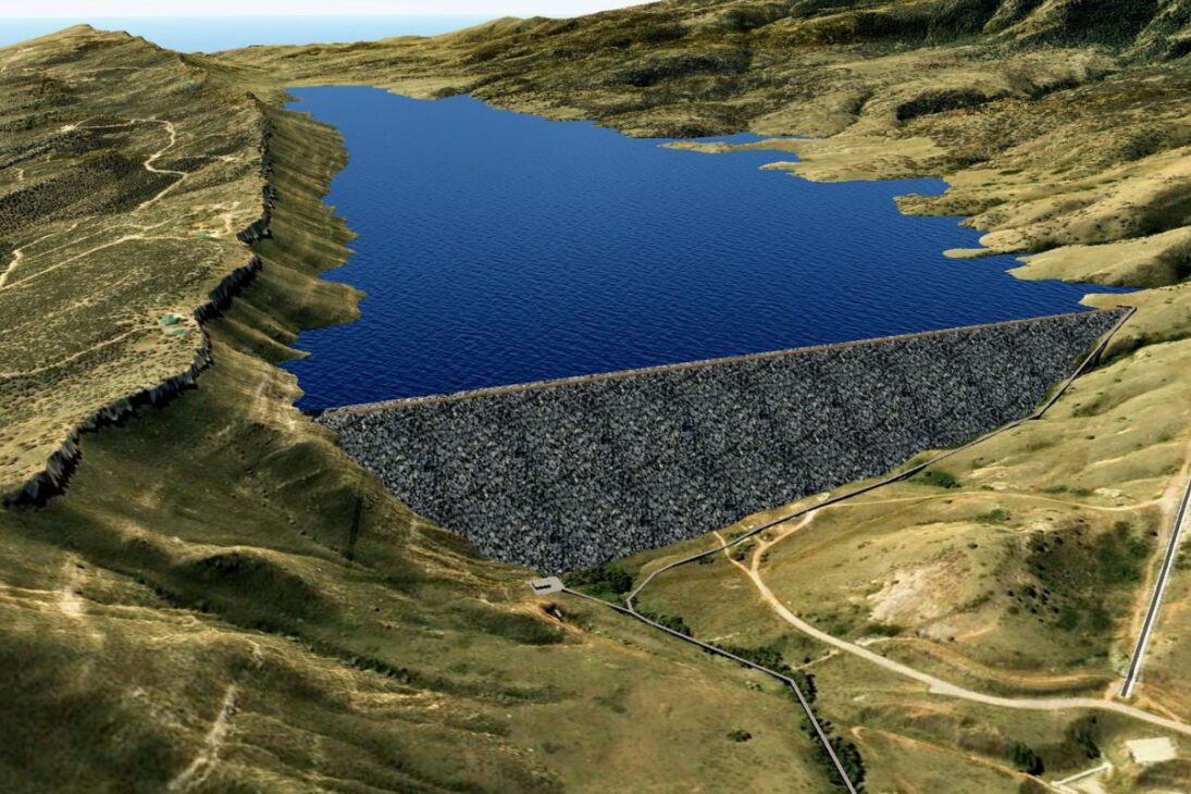 A nearly 100-meter wall at the bottom of a valley creates the Chimney Hollow Dam, a water reservoir for water security to combat drought in Colorado.