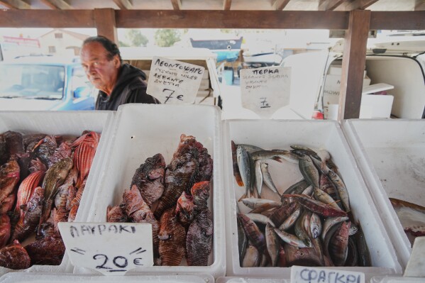 A man walks behind lionfish, center, and other fish at a fish market at a harbor in Larnaca, Cyprus, in the eastern Mediterranean, Saturday, Dec. 20, 2025. (AP Photo/Petros Karadjias)