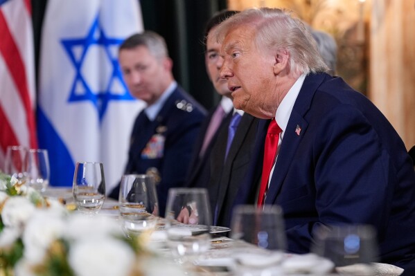 President Donald Trump speaks before a luncheon with Israel's Prime Minister Benjamin Netanyahu at his Mar-a-Lago club, Monday, Dec. 29, 2025, in Palm Beach, Fla. (AP Photo/Alex Brandon)