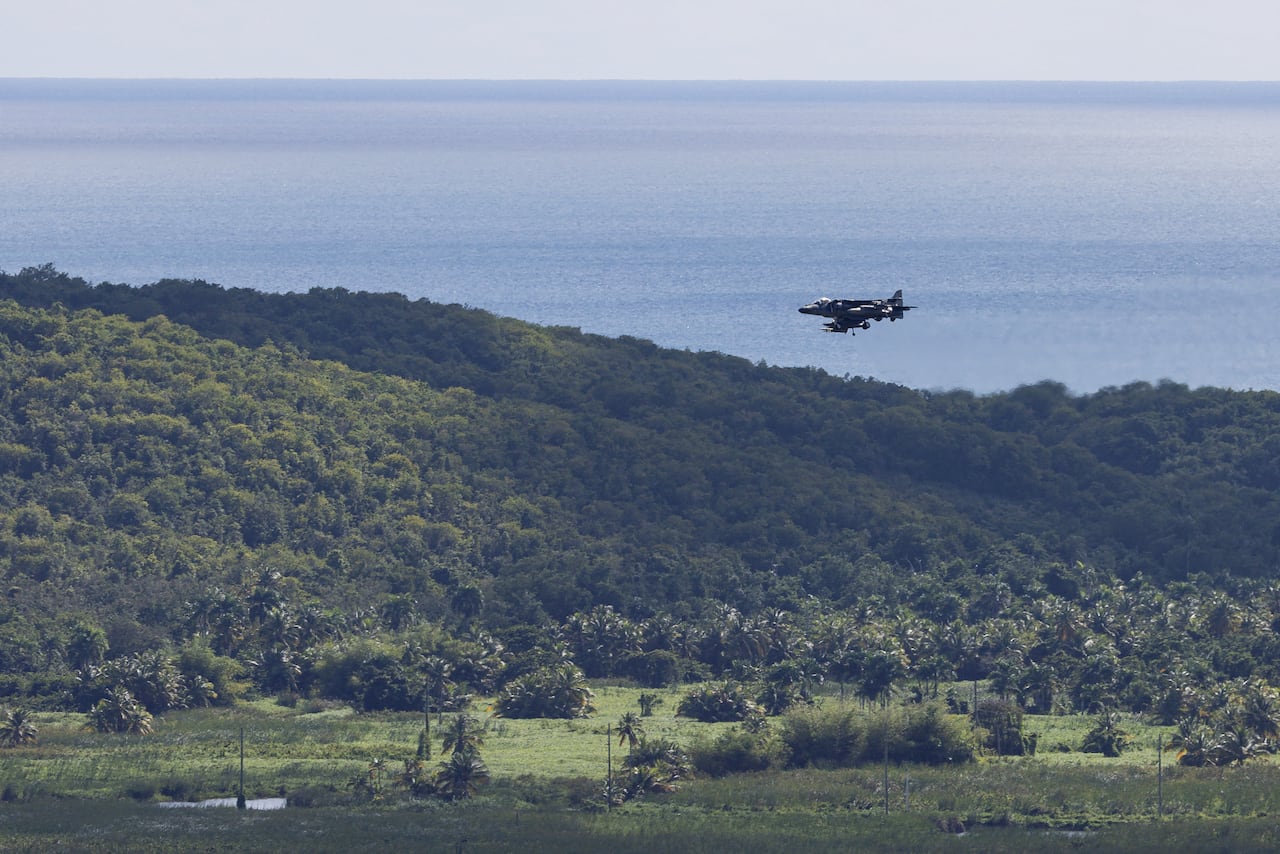 A military aircraft flies above a treed landscape with a large body of water in the background.