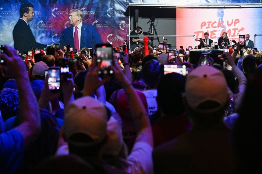 Erika Kirk takes questions during AmericaFest, the first Turning Point USA summit since the death of Charlie Kirk, in Phoenix, Arizona on December 19, 2025.