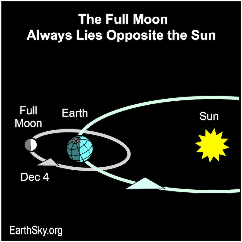 Chart showing, all in a row, a large starred disk, the sun, a disk, Earth, and a small disk, the moon.