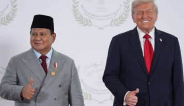 US President Donald Trump greets President Prabowo Subianto during a summit on Gaza in Sharm el-Sheikh on October 13, 2025. Trump landed in Egypt on October 13 for a summit on Gaza, following a lightning visit to Israel after a ceasefire he brokered entered into force.