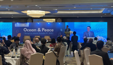 Third Deputy Foreign Minister Arif Havas Oegroseno delivers an address at the Ocean & Peace forum at the Shangri-La Hotel in Central Jakarta, on Dec. 9, 2025.