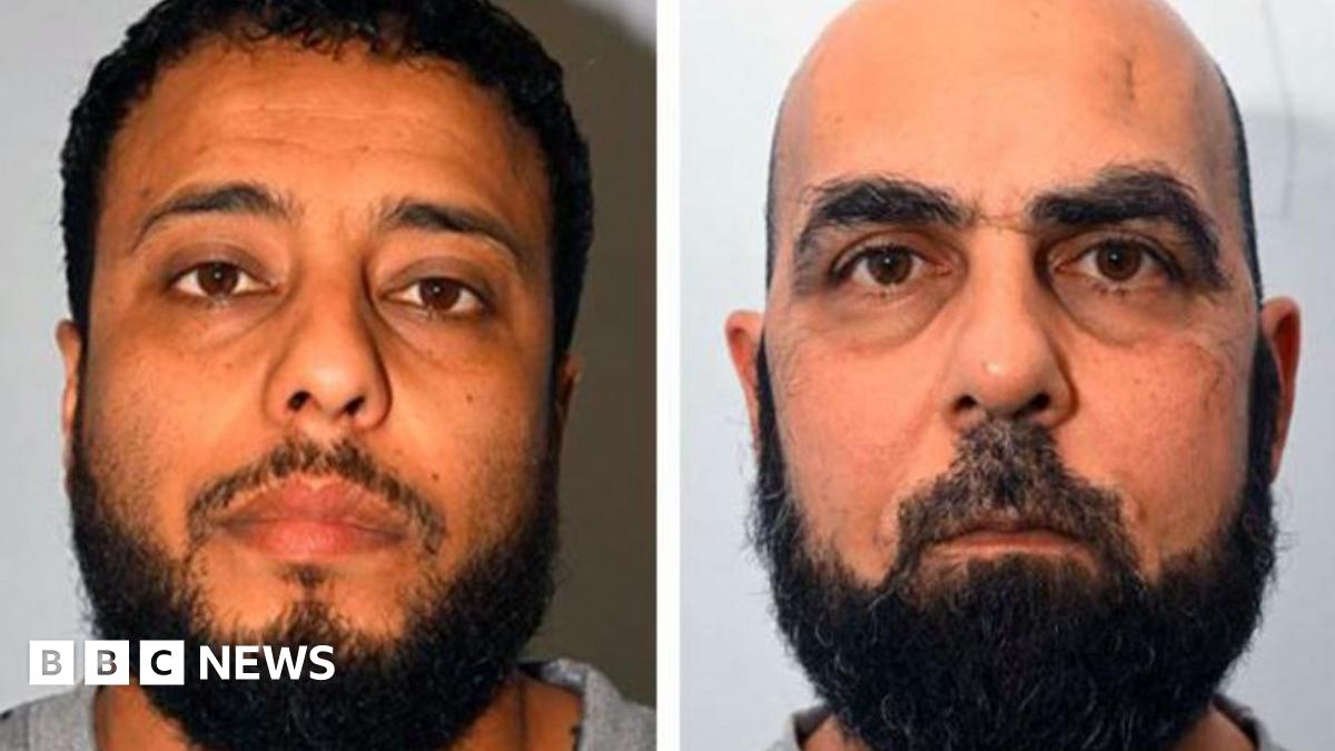 Police custody images of Walid Saadaoui and Amar Hussein, who are both wearing grey t-shirts. Walid Saadaoui has short dark hair and a dark beard. Hussein is bald and has a short dark beard.