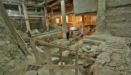 The excavation site beneath the Western Wall Plaza where a Jewish ritual bath and pottery shards were found.