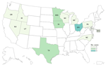 Cases of Listeria monocytogenes infection in outbreak A (n = 18), by state of residence, in study of 2 concurrent outbreaks linked to packaged salads, United States, 2014–2022. Colors indicate number of cases per state.