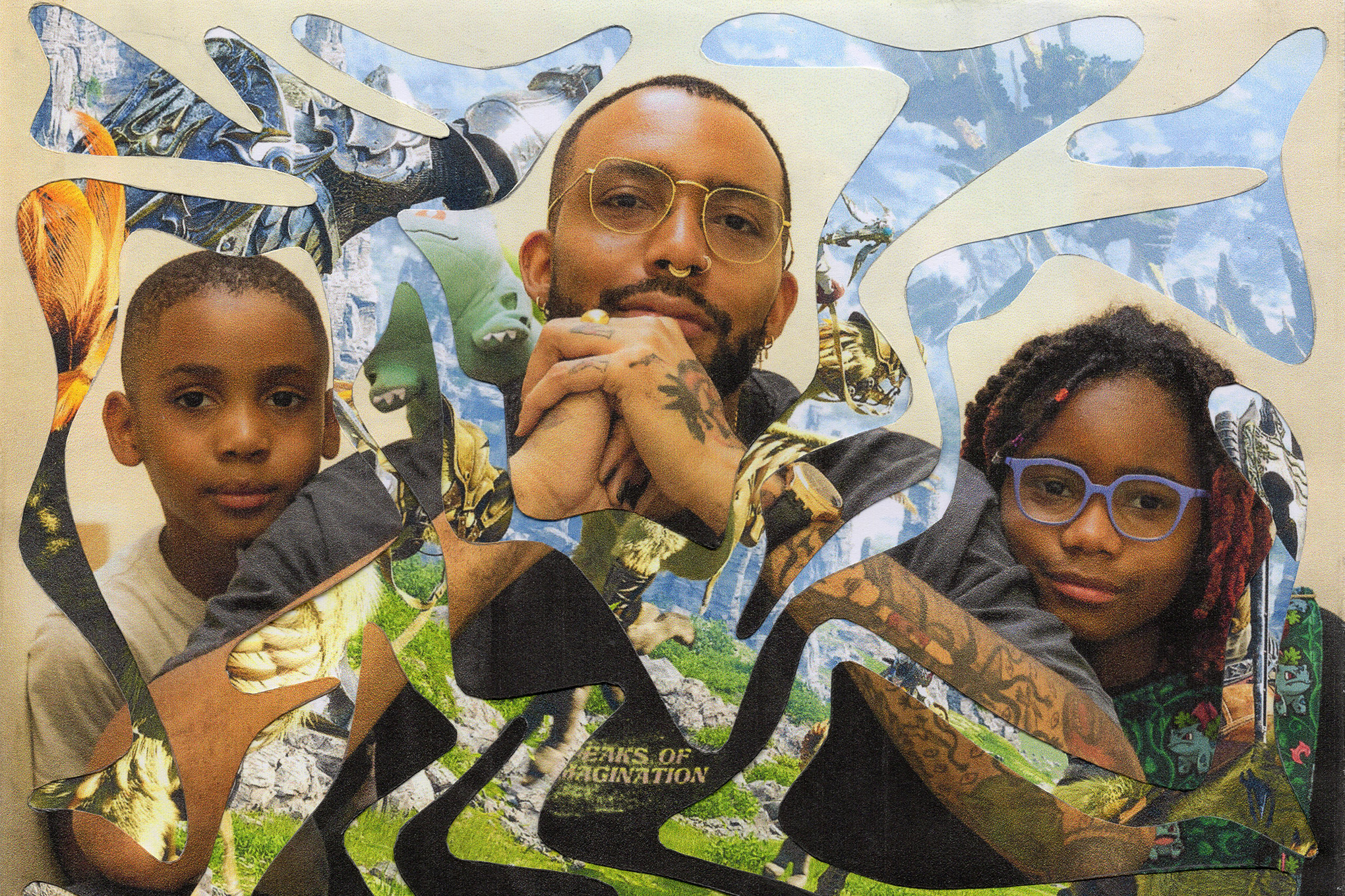 Collaged portrait of the author and his two children with Final Fantasy art in the background.