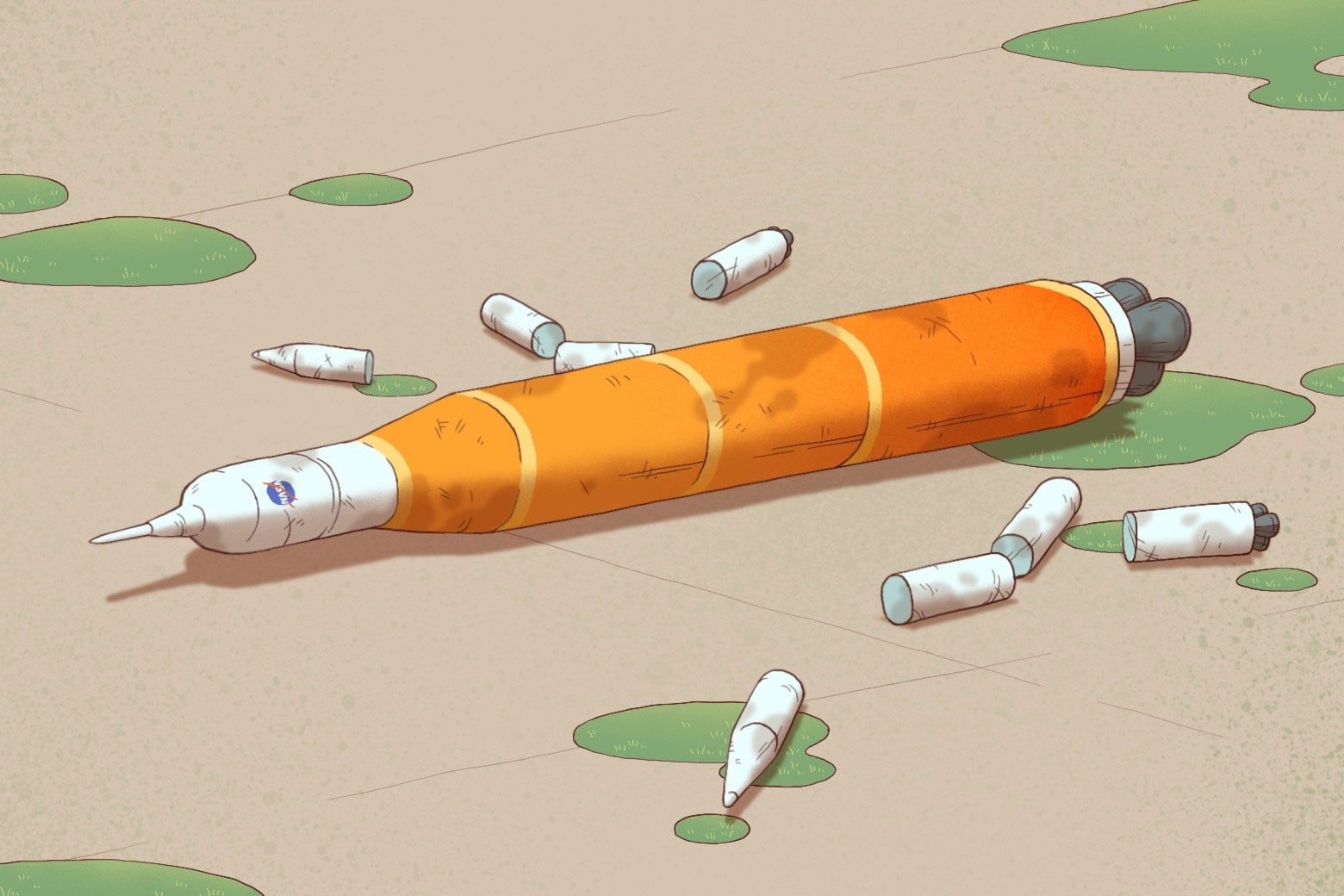 A tipped over rocket surrounded by spent boosters.