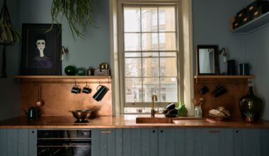 deVOL Kitchen with copper countertops and blue cabinets