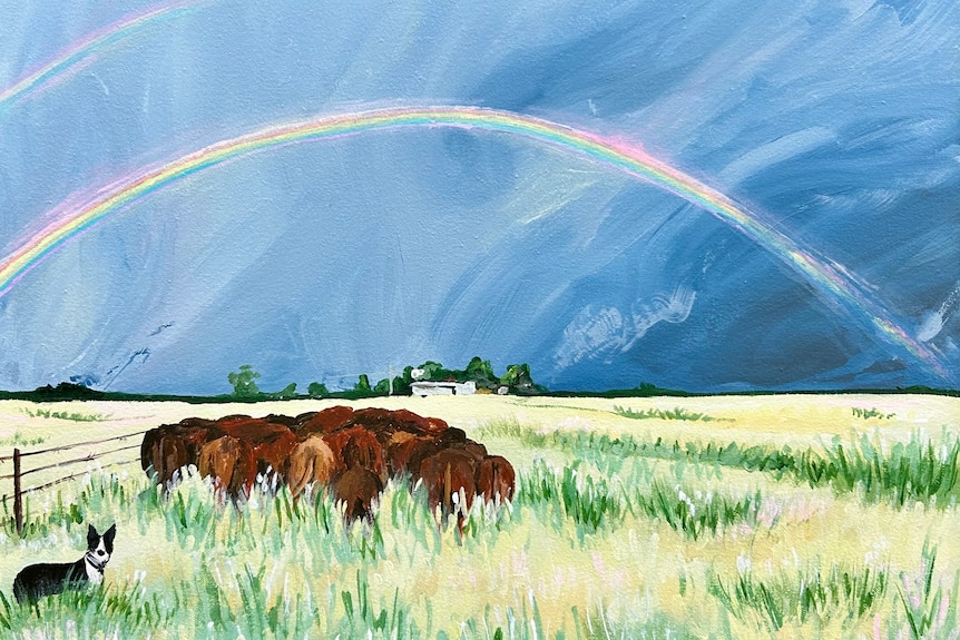 A painting of a grassy field with a cattle dog and cows heading back to a homestead with a storm in the sky above. 