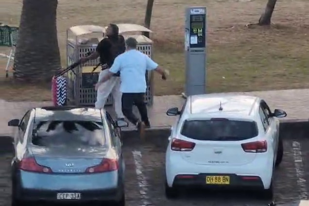 The man comes from behind in a bear hug and wrestles a gun from a shooter near a grassy area.