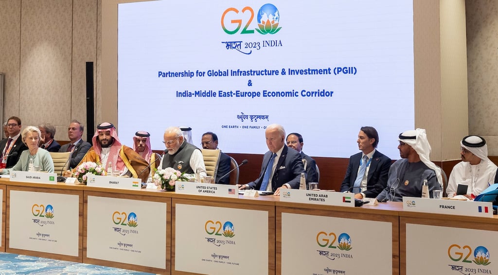 World leaders take part in the IMEC meeting on the sidelines of the G20 Summit on September 9, 2023. Photo: Presidential Court/EPA-EFE