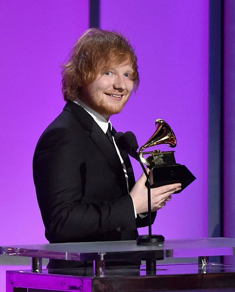 Singer-songwriter Ed Sheeran accepts the Grammy Award for Best Pop Solo Performance, for "Thinking Out Loud," onstage during the GRAMMY Pre-Telecast at the 2016 GRAMMY Awards 
