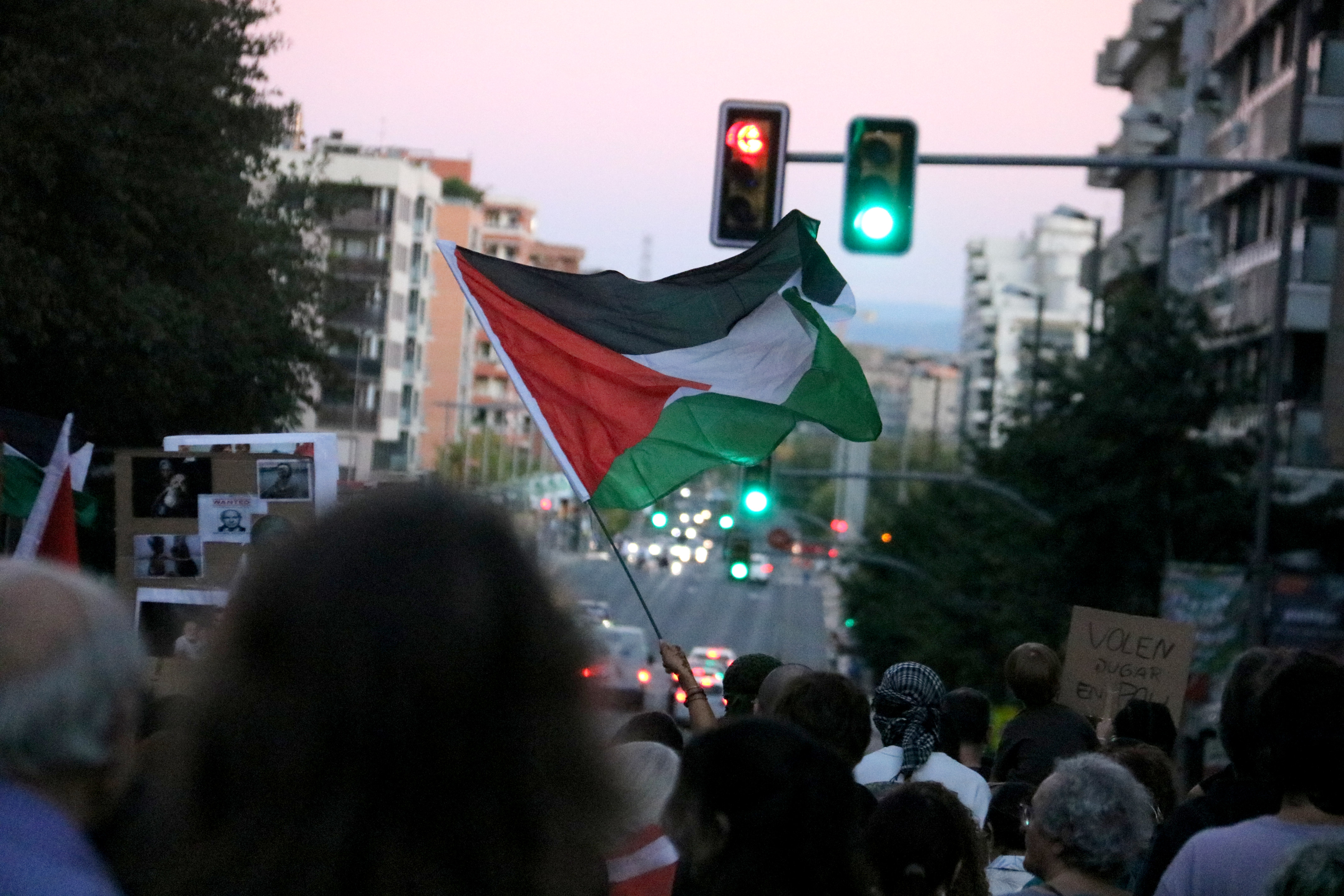 A Palestine flag at a demonstration in Lleida