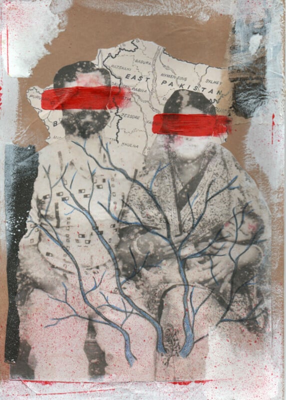 A black-and-white collage shows a man and woman seated together, their eyes obscured by a bold red stripe. Behind them is a map labeled "East Pakistan," and blue branches extend over the image. The background has a textured, mixed-media appearance.