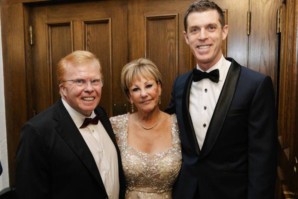 Gerald Kersten (left) underwent robotics-assisted surgery with Dr. Michael J Metcalfe (far right) this summer. Here, they stand at the Visions gala where donors raised over $3.6M to bring robotics to the Island. (Courtesy Victoria Hospitals Foundation)