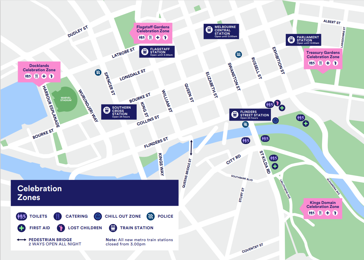 A colourful map of the riverside CBD and Docklands streets with labels indicatin places to gather for New Years Eve.