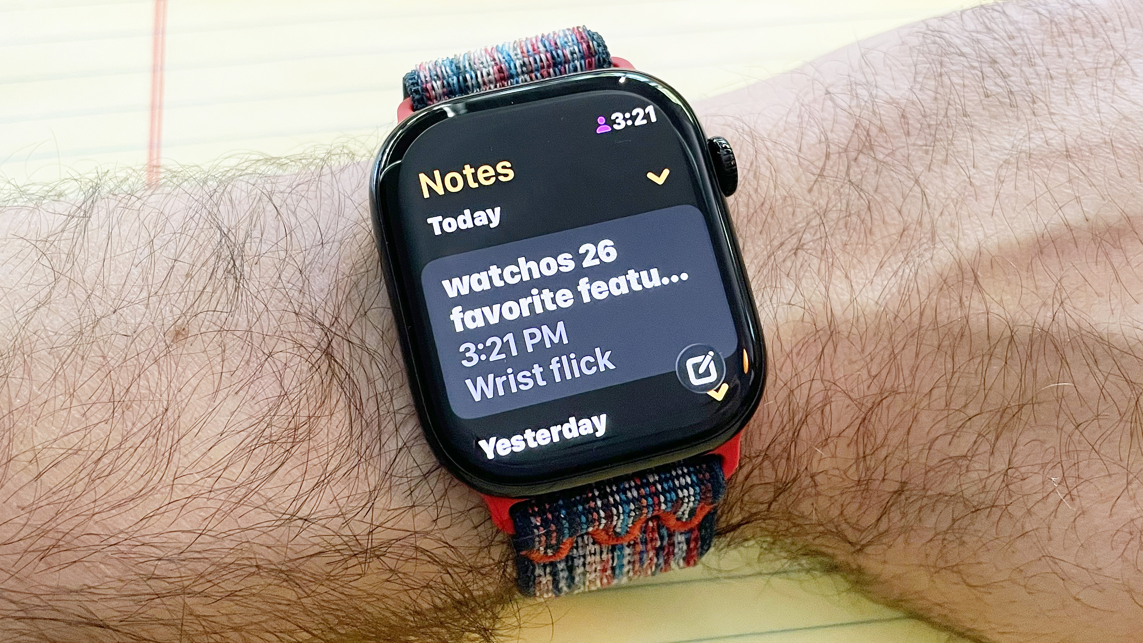 Close-up of the Apple Watch 10 on a user's wrist showing the Notes app