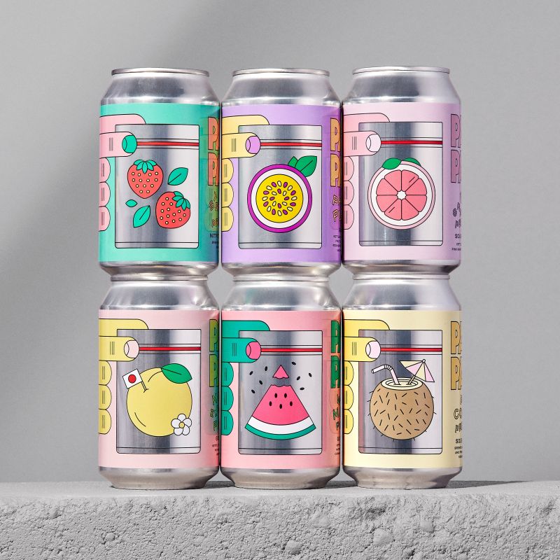 A six-pack of colorful, illustrated soda cans is shown, featuring (top row, left to right) strawberry, passion fruit, and grapefruit, and (bottom row, left to right) a yellow citrus fruit, watermelon, and coconut.