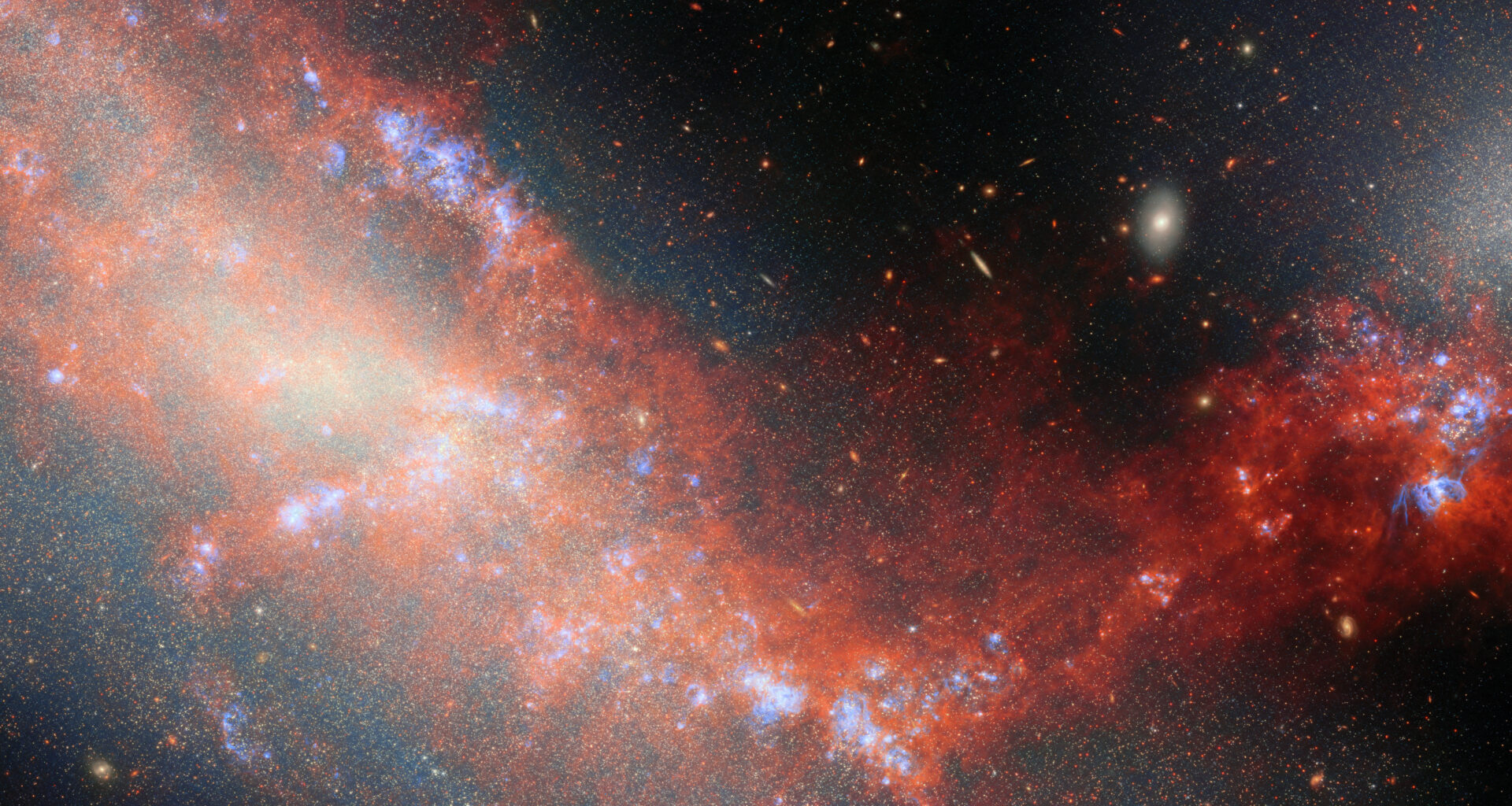 This Webb image shows two interacting galaxies. NGC 4490 occupies the left side of the image, while NGC 4485 appears as a white glowing hue in the top right of the field. Both galaxies are connected by a bright stream of red stretching from the top left of the image, through the bottom center, and ending at the right under galaxy NGC 4485. There are regions of bright blue ionized gas visible in concentrated areas of the red stream. The background is black with multiple galaxies in various shapes throughout.
