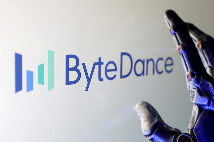 Text "Bytedance" with a robot hand hovering over it.