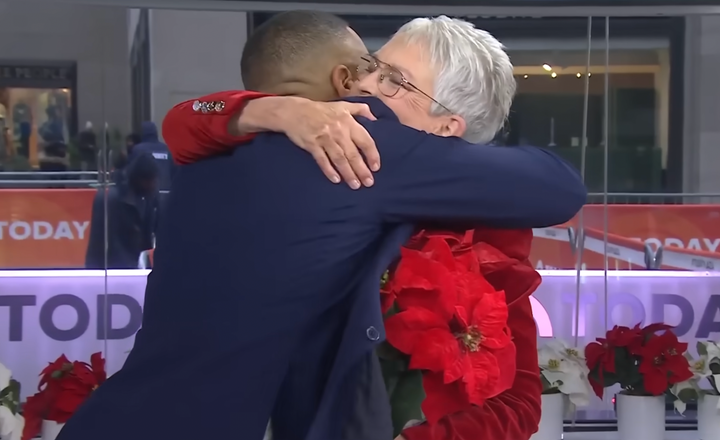 Actor Jamie Lee Curtis embraces host Craig Melvin after emotional segment.