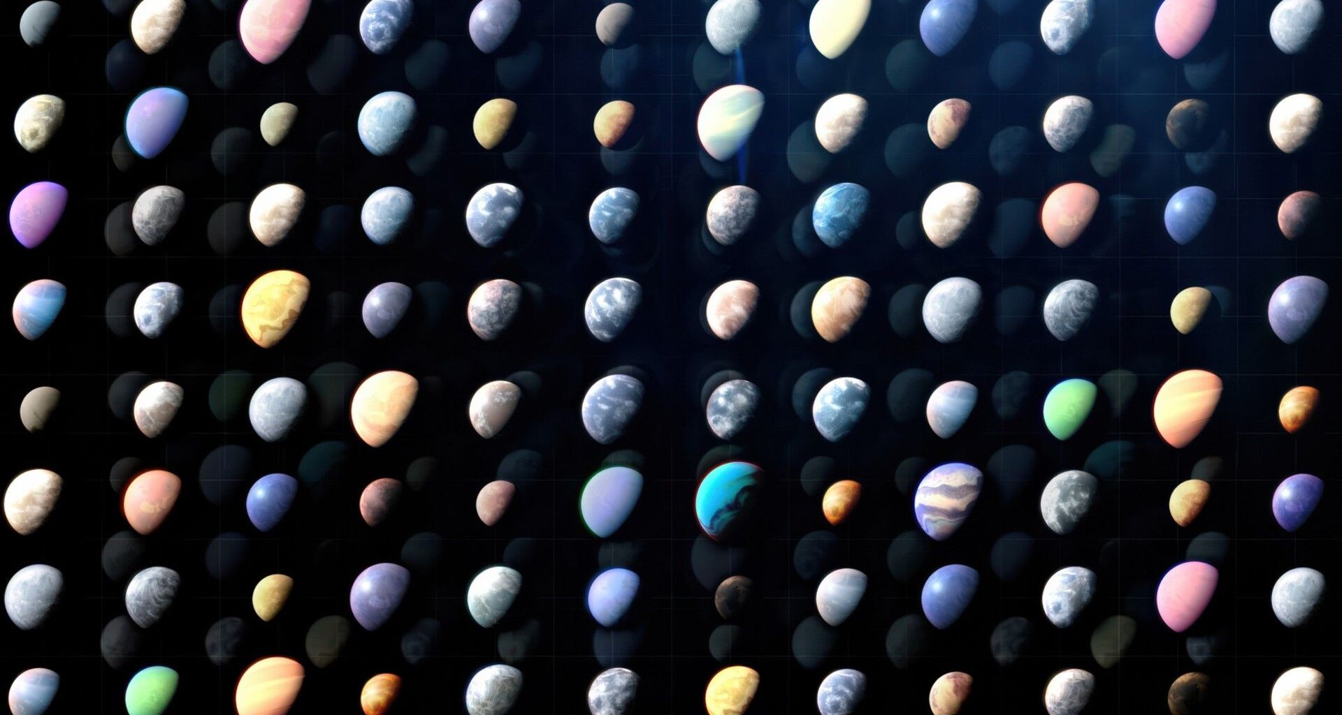 An artist's illustration of the various exoplanets found, with rows of colorful planets of all colors and sizes over a dark background