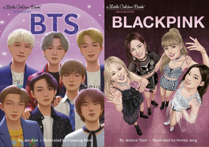 Cover art from the Little Golden Book Biography series featuring K-pop groups BTS, left, and BLACKPINK, both published earlier this year / Courtesy of Penguin Random House
