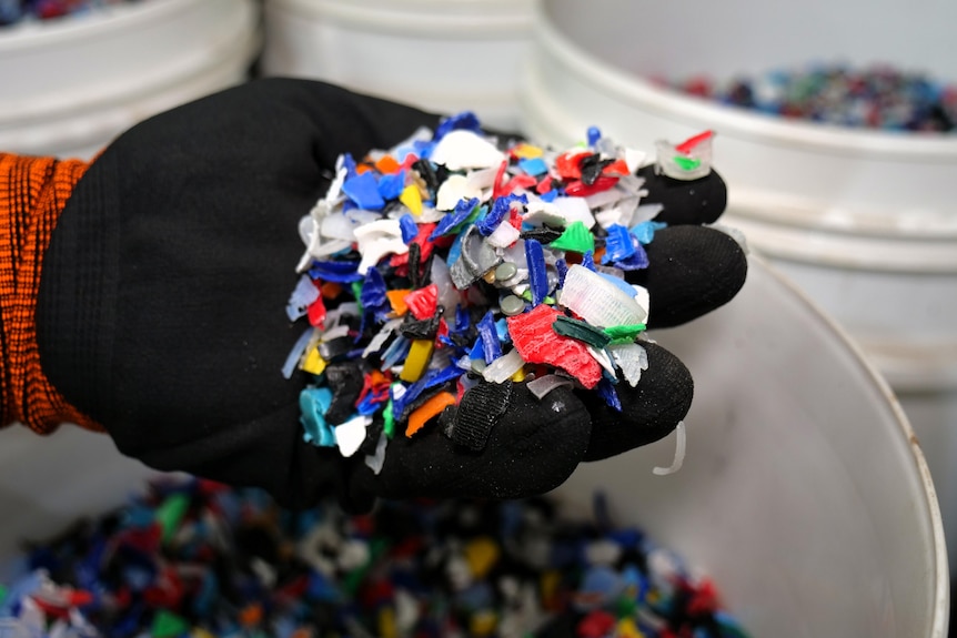 A pile of shredded plastic in a hand wearing a black glove.