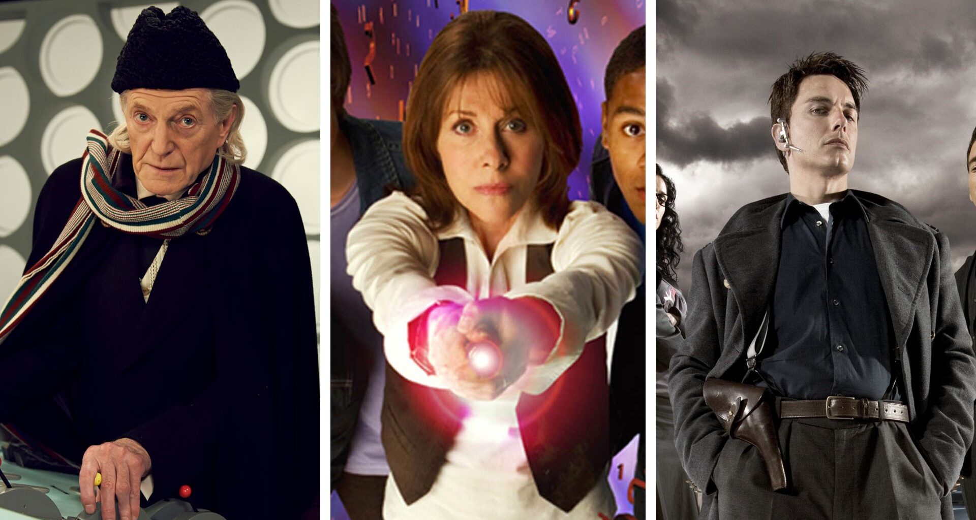 Split image showing three Doctor Who spin-offs: An Adventure in Space and Time, The Sarah Jane Adventures, and Torchwood
