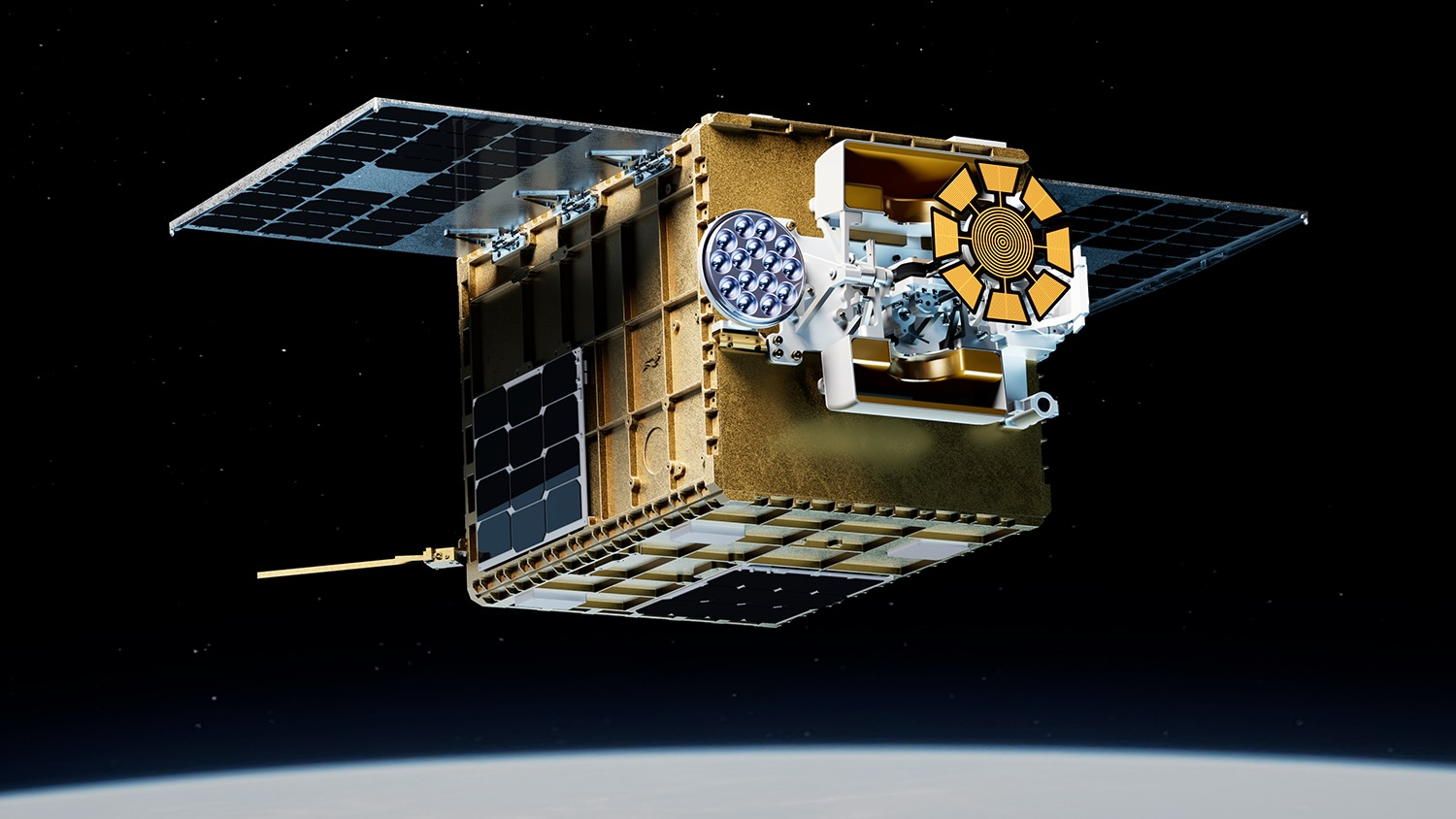 closeup illustration of a boxy, gold-colored satellite in space