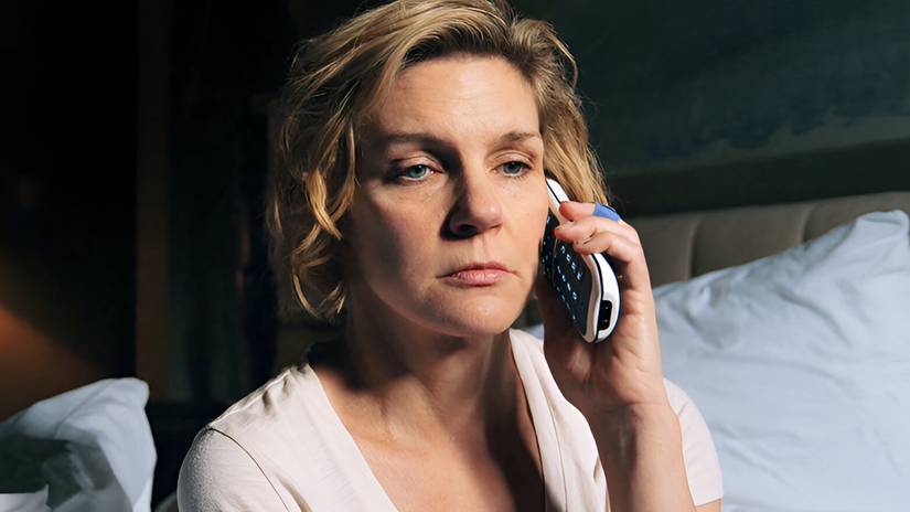 Rhea Seehorn as Carol on the phone in Pluribus