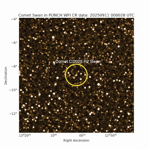 A streak of white light is seen amidst a starry golden deep space image