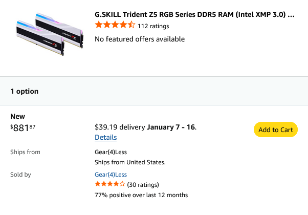 An Amazon listing showing a pair of G. SKILL Trident Z5 32GB DDR5 sticks selling for almost $900.