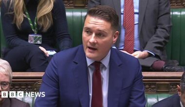 Wes Streeting addresses the House of Commons in a blue suit and red tie