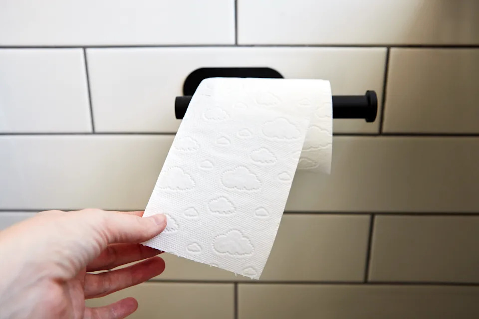 Hand reaching for cloud-patterned toilet paper on a holder in a tiled restroom