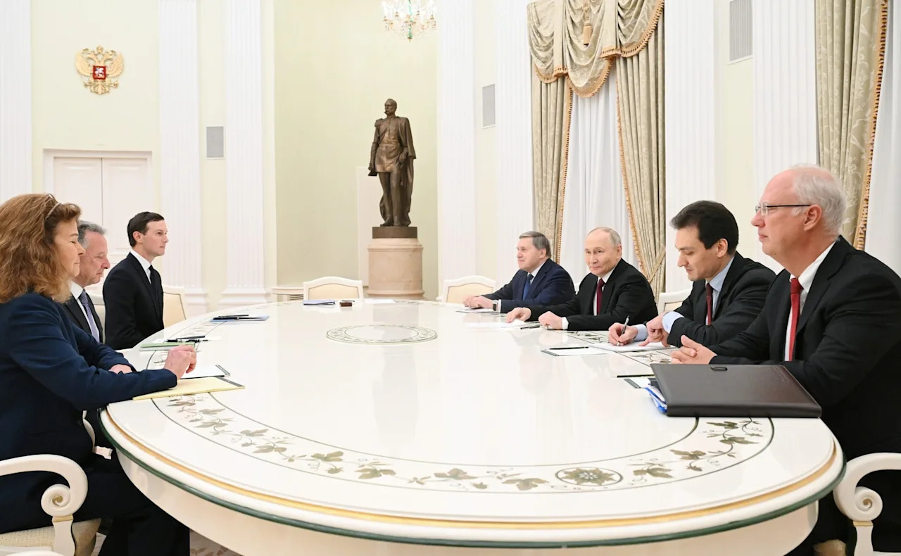 MOSCOW, RUSSIA - DECEMBER 2: (----EDITORIAL USE ONLY  MANDATORY CREDIT - '/KREMLIN PRESS OFFICE / HANDOUT - NO MARKETING NO ADVERTISING CAMPAIGNS - DISTRIBUTED AS A SERVICE TO CLIENTS, DO NOT OBSCURE LOGO----) Russian President Vladimir Putin begin a meeting with US special envoy Steve Witkoff and US President Donald Trump's son-in-law Jared Kushner at the Kremlin, aimed at finding a solution to end the Ukraine war, in Moscow, Russia on December 2, 2025. (Photo by Kremlin Press Office/Anadolu via Getty Images)