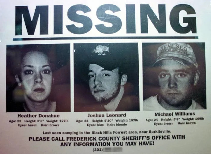 Missing persons poster with photos and details of three individuals last seen in the Black Hills Forest area near Burkittsville. Contact provided for info