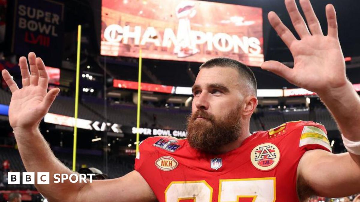 Travis Kelce waves to fans after the Kansas City Chiefs beat the San Francisco 49ers in the Super Bowl in 2024