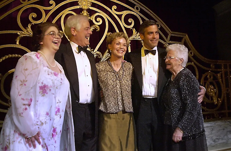 From left to right, Adelia Clooney Zeidler, Nick and Nina Clooney, George Clooney and Grandma DicaWarren on June 22, 2002.