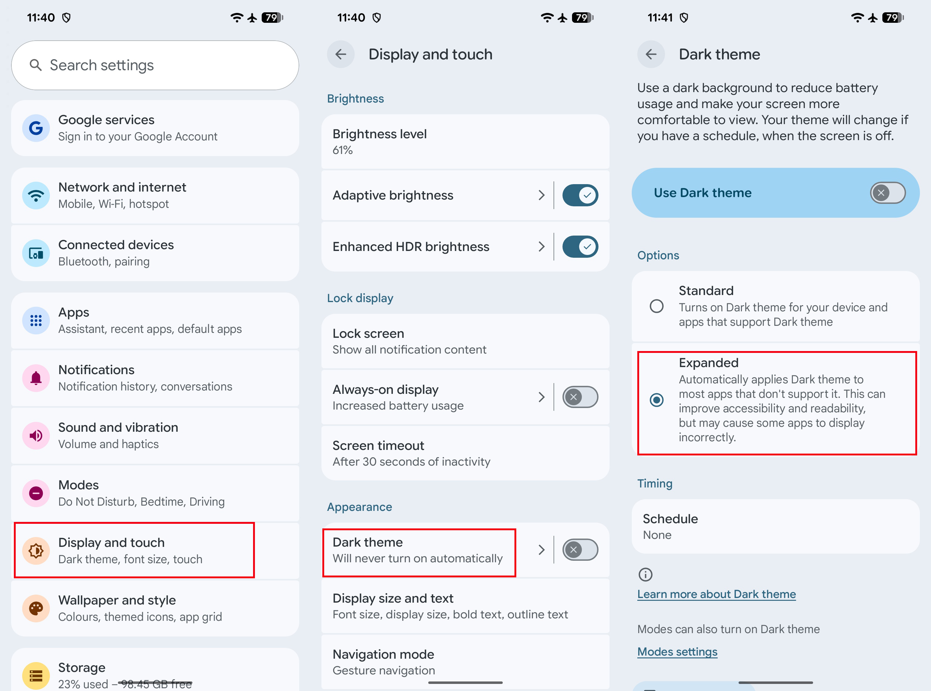 Expanded Dark mode option on Pixel 8 Pro in Android 16 QPR2 update
