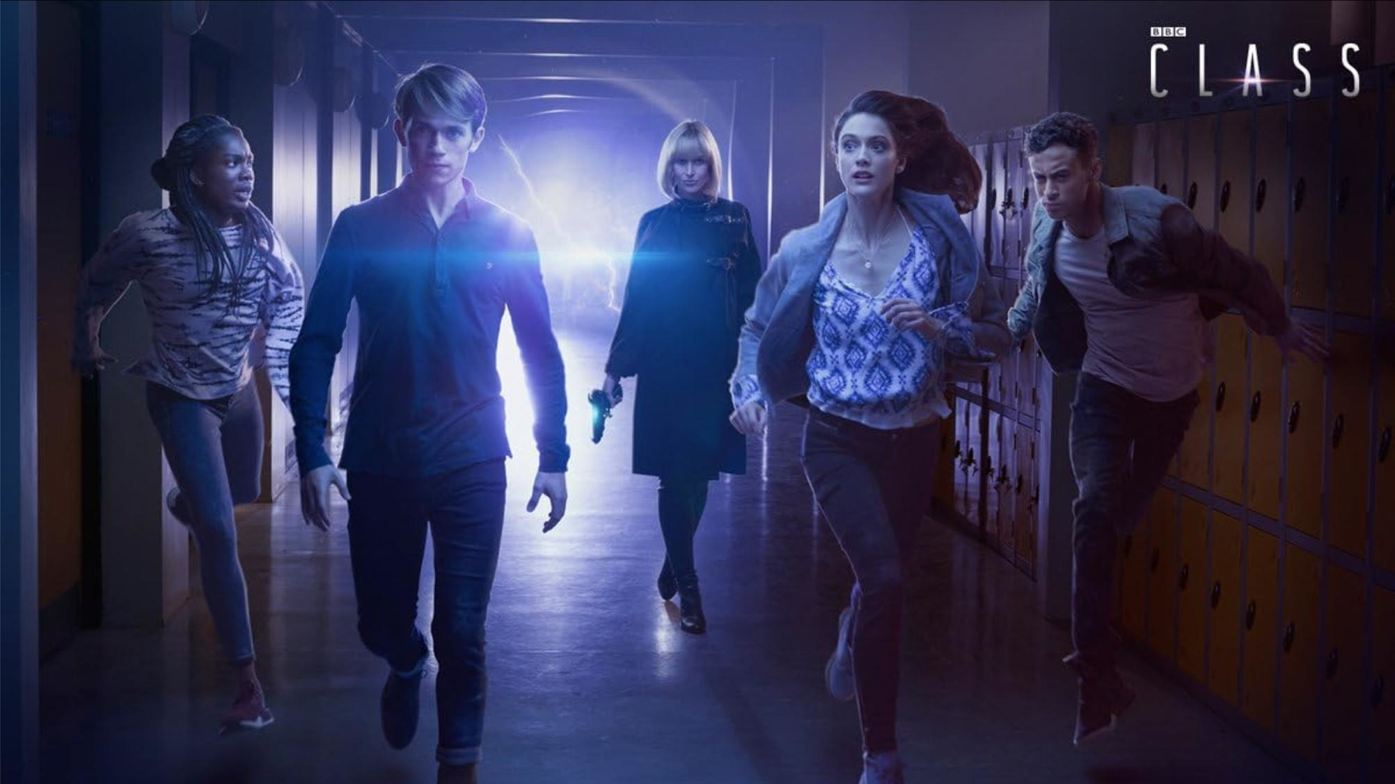 A group of teenagers running towards the camera with a bright light behind them. promotional art for Doctor Who spin-off "Class".