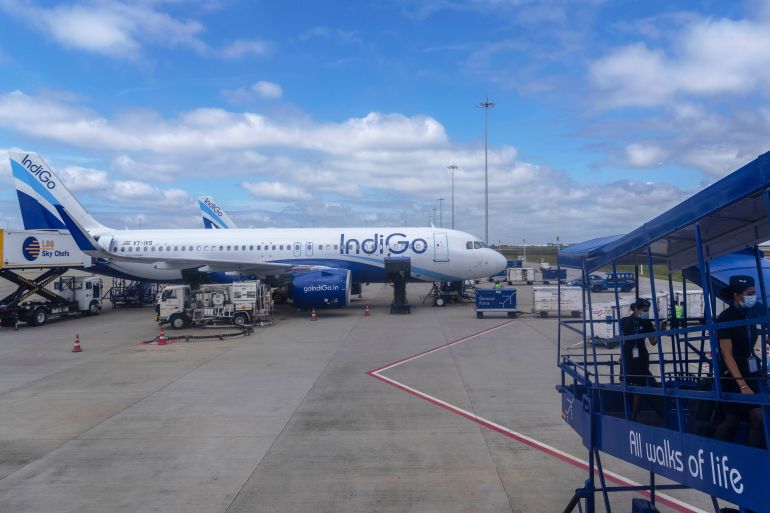 An aircraft of India's budget airline IndiGo is serviced.