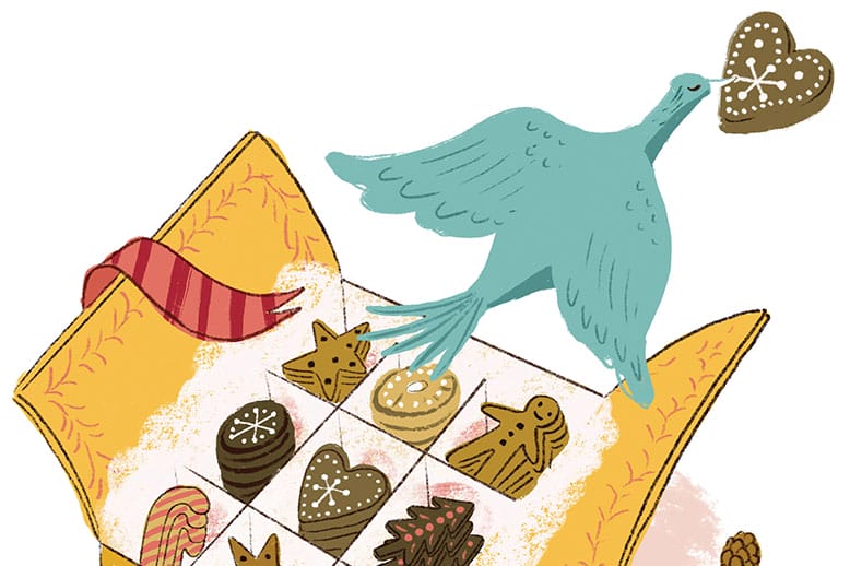 Illustration of a bird with a Christmas cookie in its mouth flying out of a box of Christmas cookies