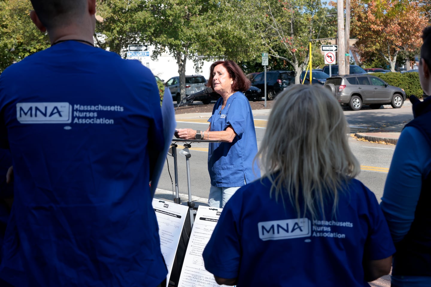 Katie Murphy, president of the Massachusetts Nurses Association, addressed a nurses demonstration in 2024 outside Framingham Union Hospital to highlight their complaints alleging dangerous conditions, which the hospital's owner disputed.