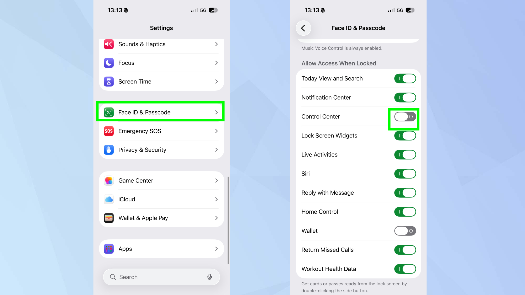 Toggle off control center on iPhone 