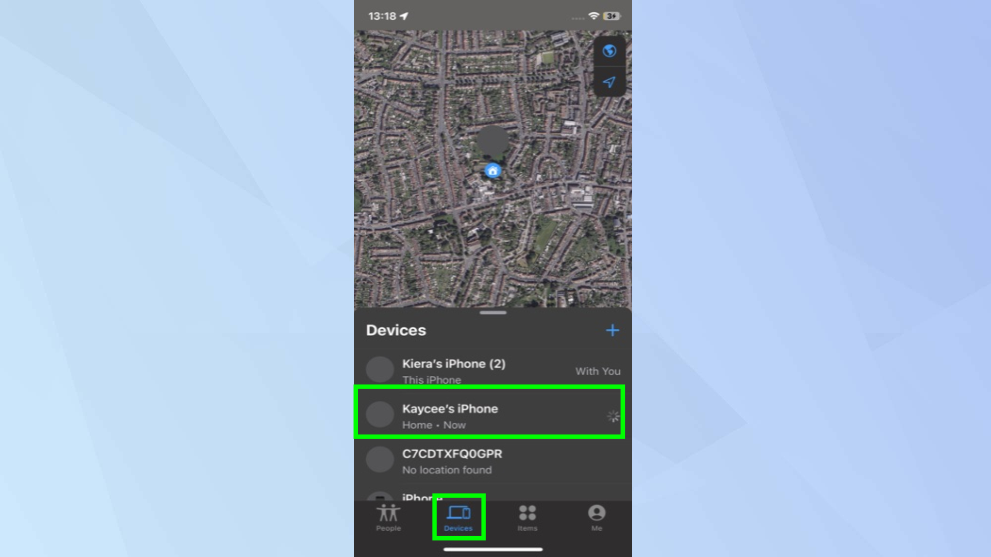 Find My with device highlighted